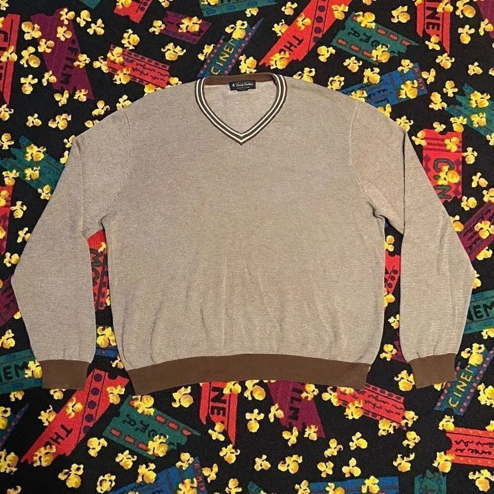 Mens BROOKS BROTHERS Tan Supima Cotton V-Neck Sweater / Size XL